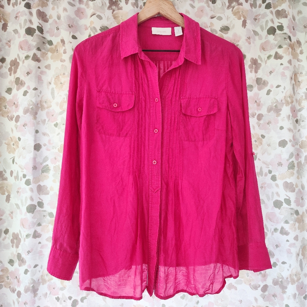 Pink Pintuck Pleated Sheer Button Up Shirt Cowgirl Western Barbie Sz M Magenta